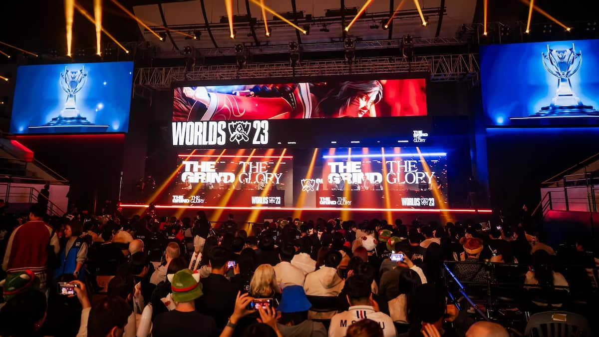 Worlds 2023 LoL fans seated in front of the Swiss stage scene.