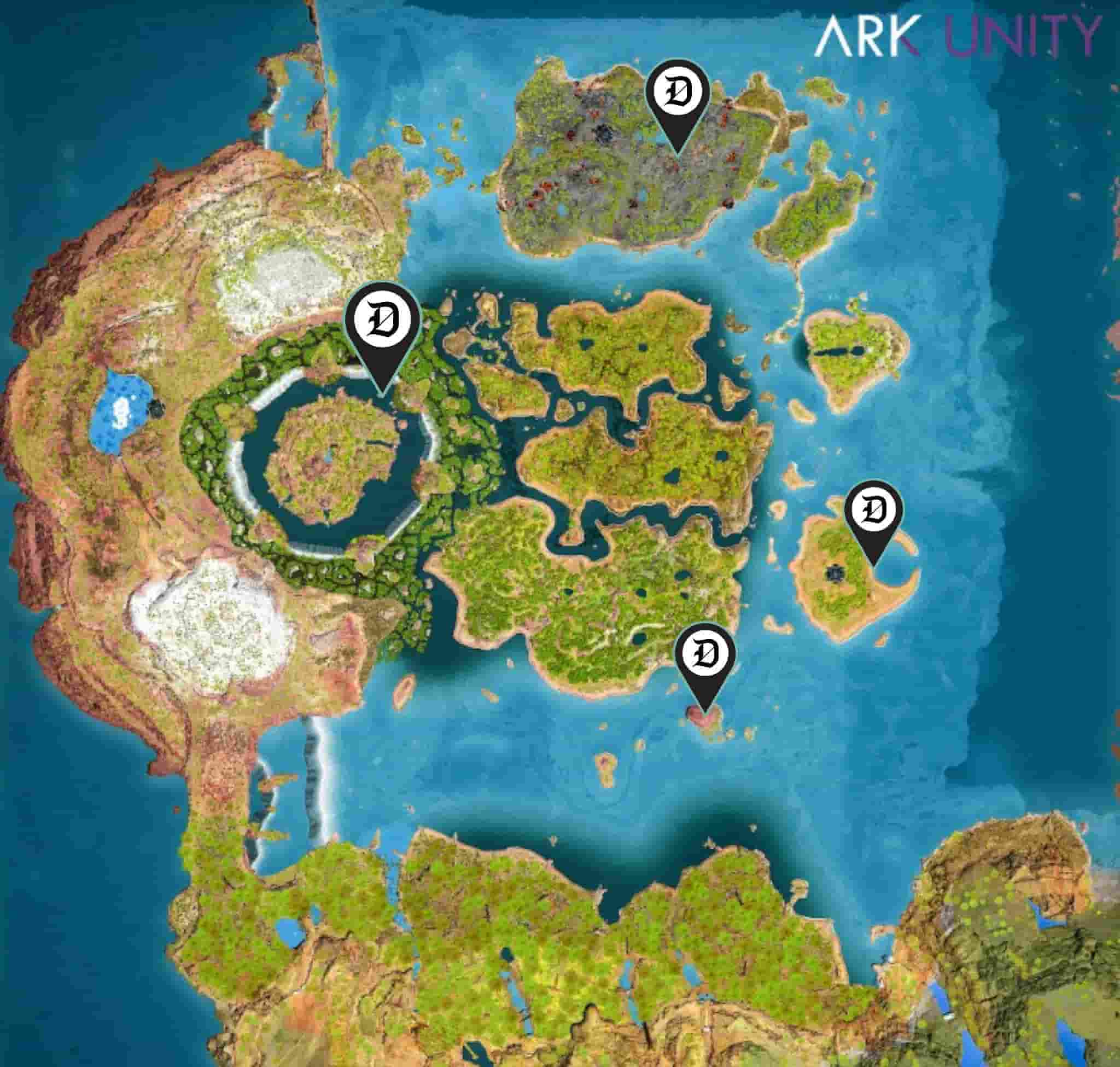 A map of The Center in Ark: Survival Ascended with metal locations marked.