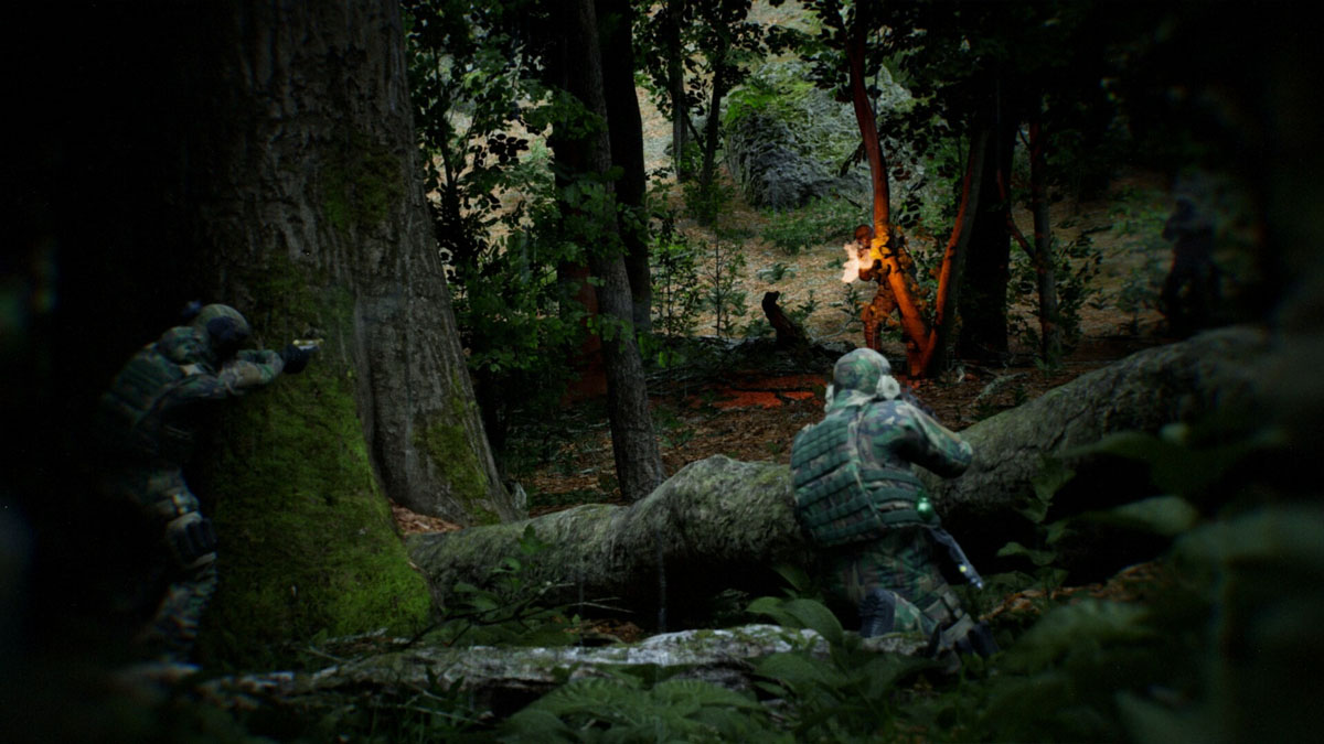 Two players hold weapons and take cover in the trees in Bodycam.