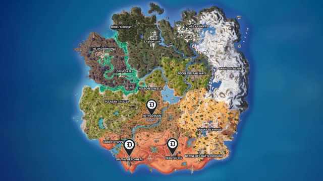 All boss locations in Fortnite Chapter Five, season three marked on a map.