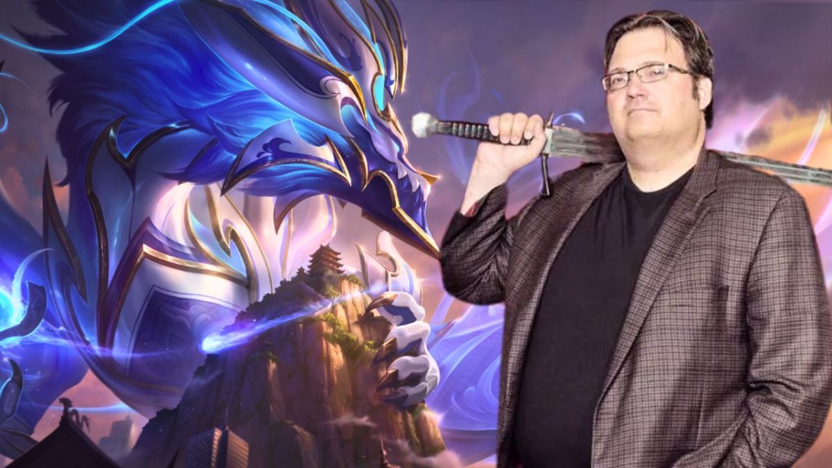 Brandon sanderson holding sword next to dragon