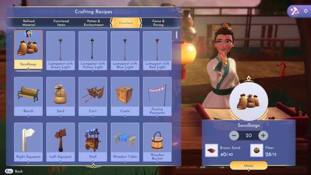 Crafting Sandbags in Disney Dreamlight Valley.