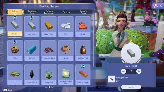 Crafting Iron Ingots using Wrought Iron in Disney Dreamlight Valley.