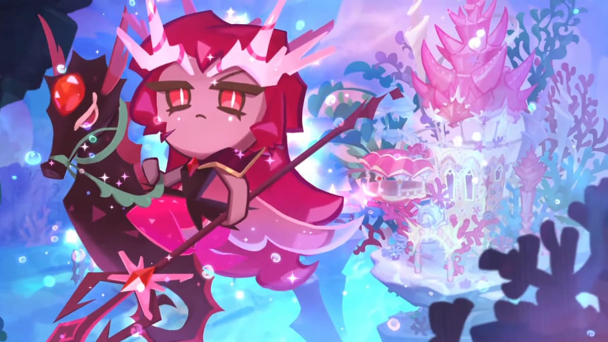 Crimson Coral Cookie riding a seahorse underwater in Cookie Run: Kingdom.