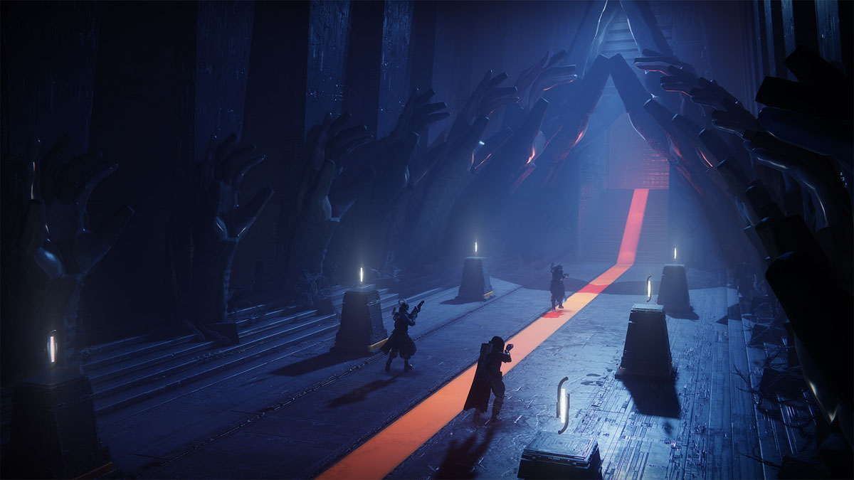 Guardians approach a doorway flanked by The Witness' hands in Destiny 2.