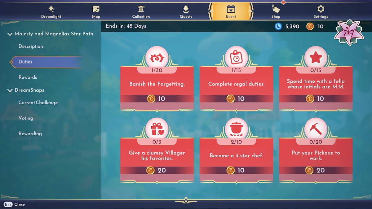 The duties page for the Majesty and Magnolias Star Path event in Disney Dreamlight Valley.