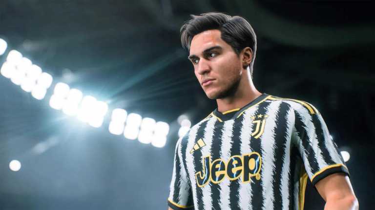 Juventus star Federico Chiesa shown in EA FC 24 in a stadium.