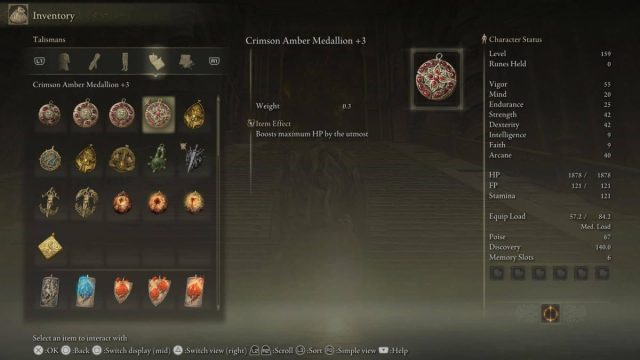 talisman menu screen in elden ring shadow of the erdtree