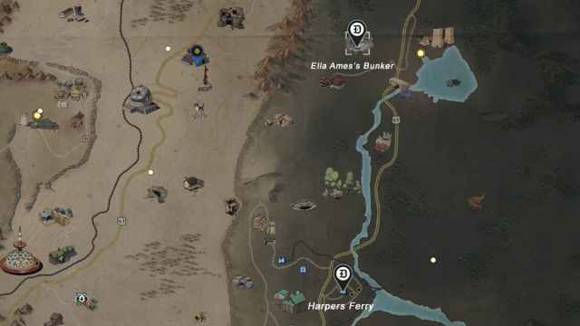 Ella Ame's bunker and Harpers Ferry with the Dot Esports map icon in the Fallout 76 map.