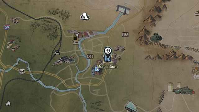 Morgantown in the Fallout 76 map with the Dot Esports icon.