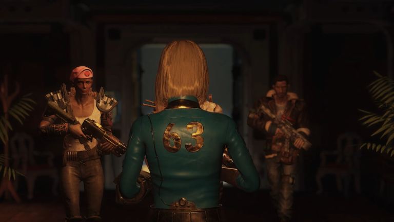 Fallout 76 Skyline Valley screenshot featuring a character wearing the Vault 63 suit