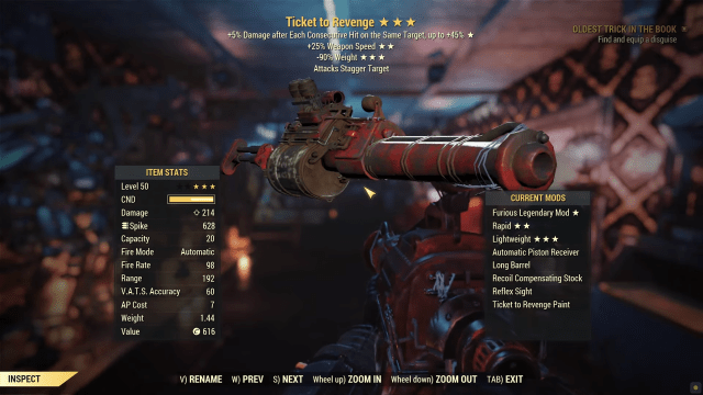 Ticket to Revenge legendary rifle inside Fallout 76 UI with item stats and current mods listed