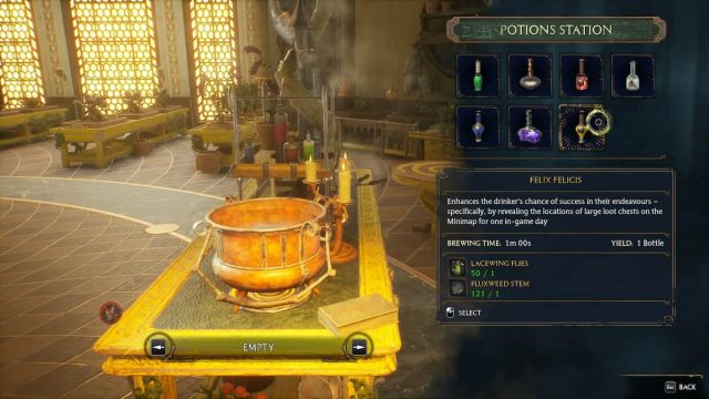 A Felix Felicis potion brewing in Hogwarts Legacy.