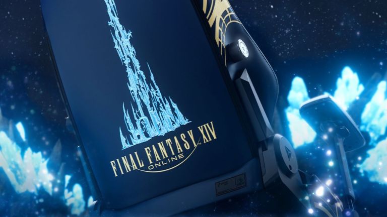 The back of the FFXIV Online-themed Secretlab chair in blue with the image of the Crystal Tower.