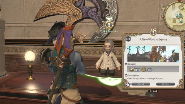 A Final Fantasy XIV player character looks at Ojika Tsunjika, the NPC offering the first MSQ quest of Dawntrail.