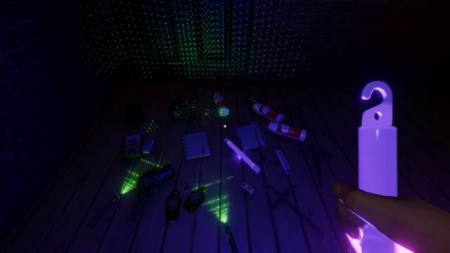 A bunch of ghost hunting equipment piled by the front door in Phasmophobia.