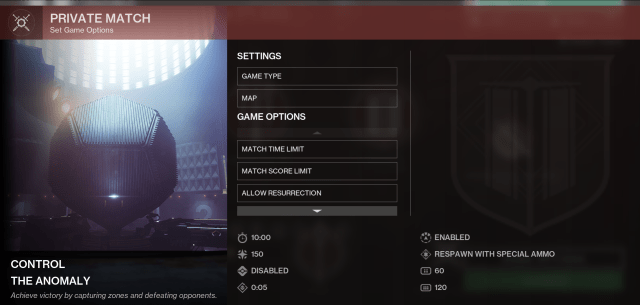 A screenshot of a private match setup in Destiny 2.