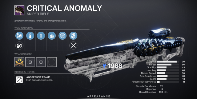 Critical Anomaly, a sniper rifle from Destiny 2, with perks listed.