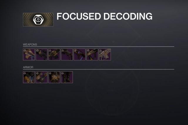 A screenshot of Saint-14's Focused Decoding menu in Destiny 2.