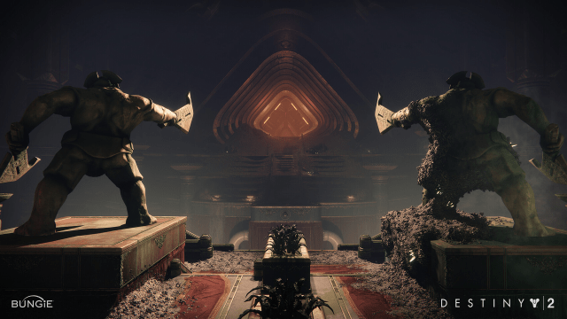 Two statues flank a bridge to the entrance of the Crown of Sorrow raid in Destiny 2.