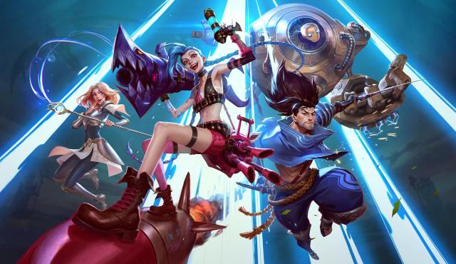 Several League of Legends characters jump out of a magic blue band together