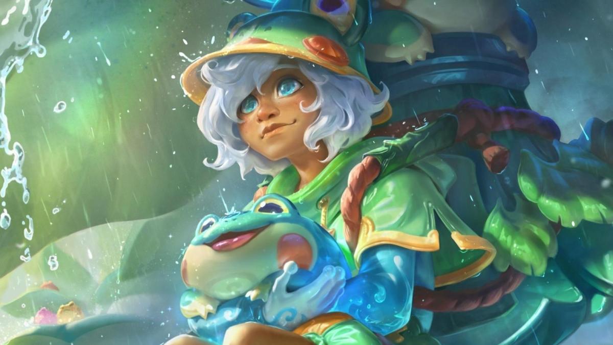 Rain Shepherd Milio from League of Legends cradles a little frog while it's raining.