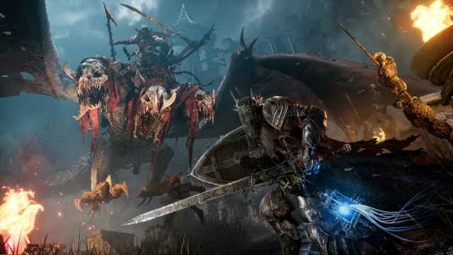 Lords of the Fallen 2023 screenshot featuring the player character wielding a sword and shield fighting against an enemy atop a three-headed flying monster