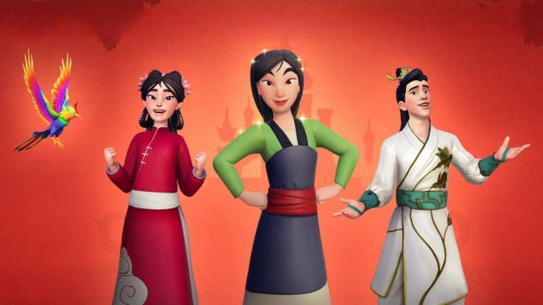 Mulan and two players wearing items form the Majesty and Magnolias Star Path in Disney Dreamlight Valley.