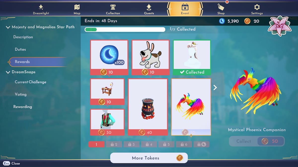 The first page of rewards in the Majesty and Magnolias Star Path event in Disney Dreamlight Valley.