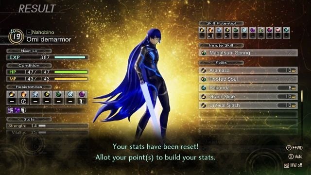 A screenshot of Shin Megami Tensei V: Vengeance's Nahobino having his stats reset.