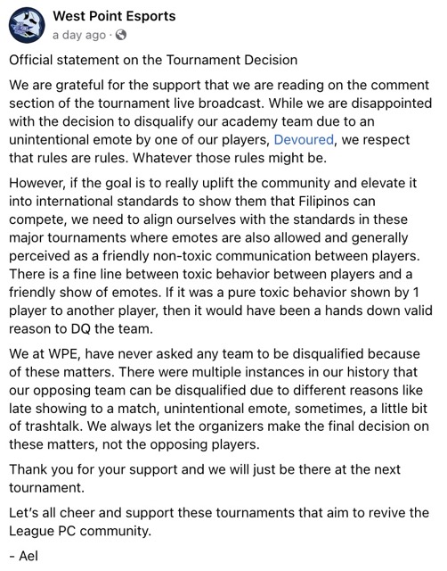 the official statement from WPE on the tournament results