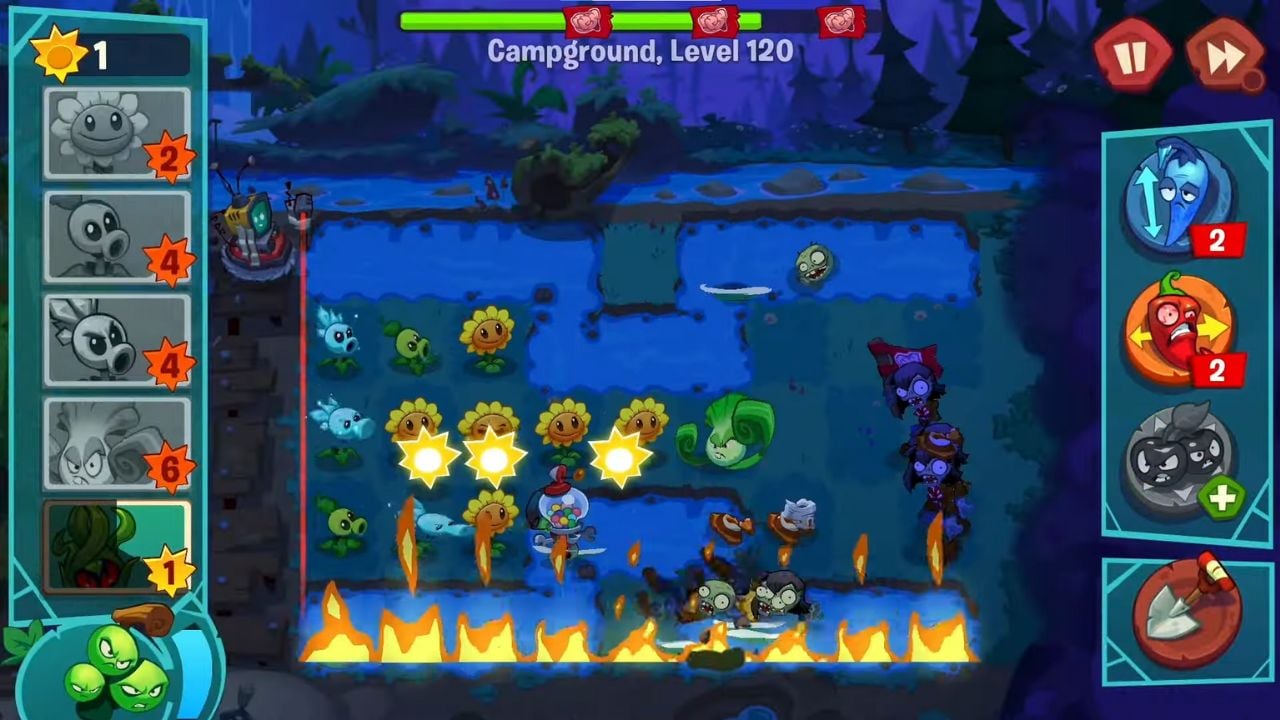 Plants vs. Zombies 3 gameplay screenshot at Campground, Level 120, featuring Sunflower, Peashooter, and Bonk Choy plants defending against various Zombies.