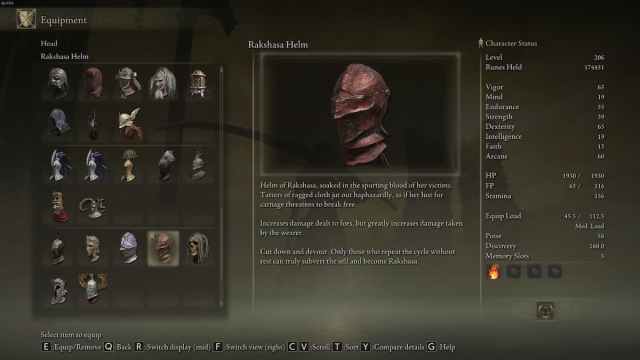 Item description of Rakshasa's helm in Elden Ring Shadow of the Erdtree.