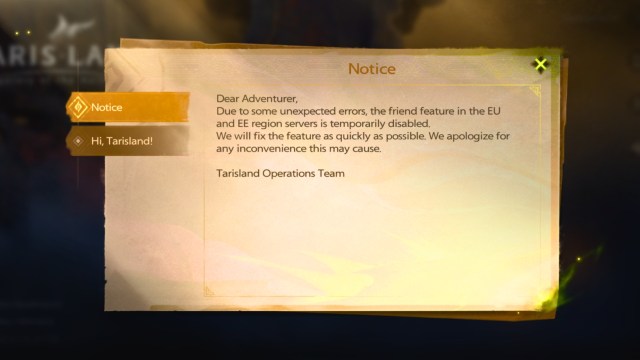 server down in tarisland notice