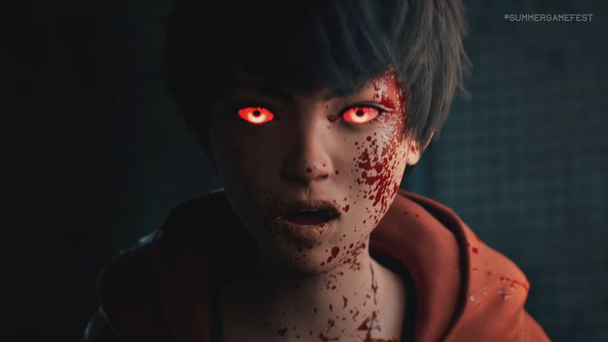 Slitterhead gameplay trailer screenshot featuring a Japanese boy with red glowing eyes