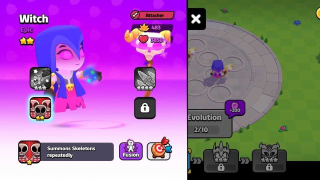 Screenshot from Squad Busters featuring the Fusion version of the character Witch with abilities and stats displayed.