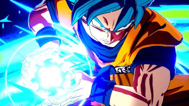 Dragon Ball's Gokhan (a man with spikey hair and an orange and blue gi) charges up a blue orb in his hands