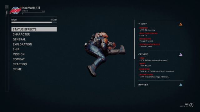 Screenshot of the Starfield status effect menu with the Starvival mod