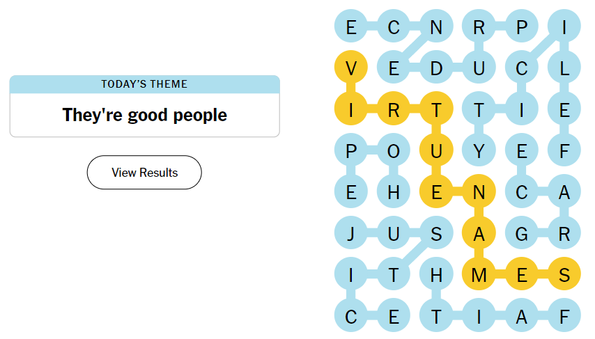 Image showing Strands with the theme 'They're good people.' Letters of highlighted word 'VIRTUENAMES' are connected by a path of yellow circles.