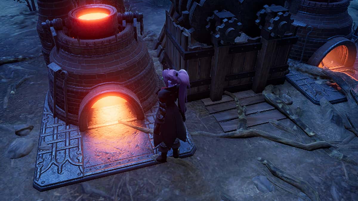 V Rising character in front of a furnace.