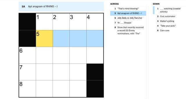 Apt anagram of Rhino - I clue on the mini crossword july 25