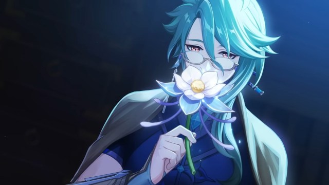 Baizhu smelling a flower in Genshin Impact.