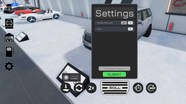 A screenshot of the codes menu in Car RNG.