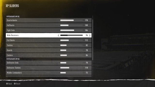Custom College Football 25 XP sliders shown in a menu.