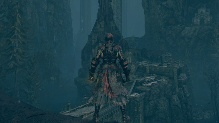 A Tarnished looks at the Temple Town Ruins in Elden Ring.