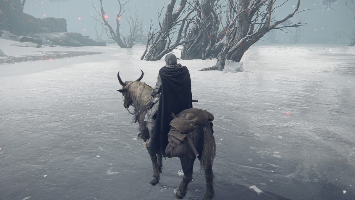 Elden Ring character riding a horse on a snowy, frozen lake