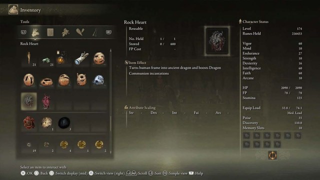 Rock Heart item description from Elden Ring DLC