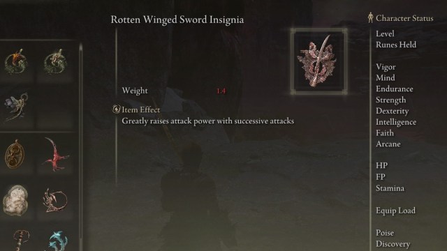 The Winged Sword Talisman in the inventory of Elden Ring.