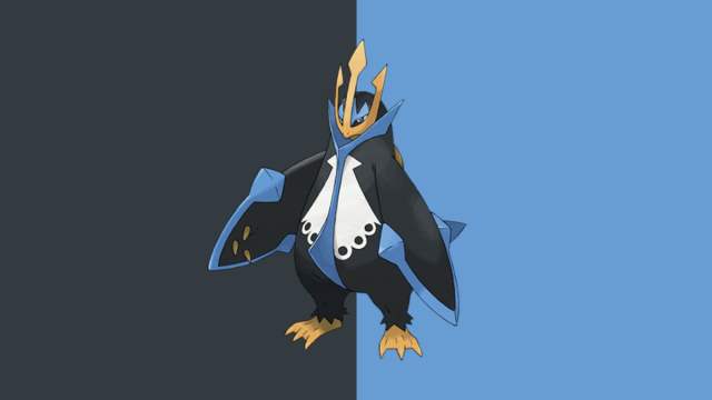 Empoleon, a giant black and blue penguin with a trident for a head piece, in Pokemon Go