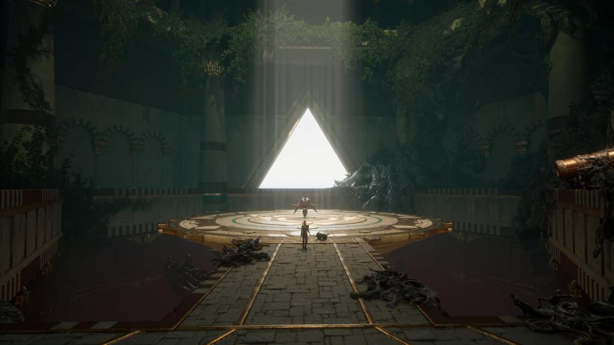 A giant triangle of light illuminates a golden chamber, where Enki and Nor approach Dukmar, a boss from Flintlock